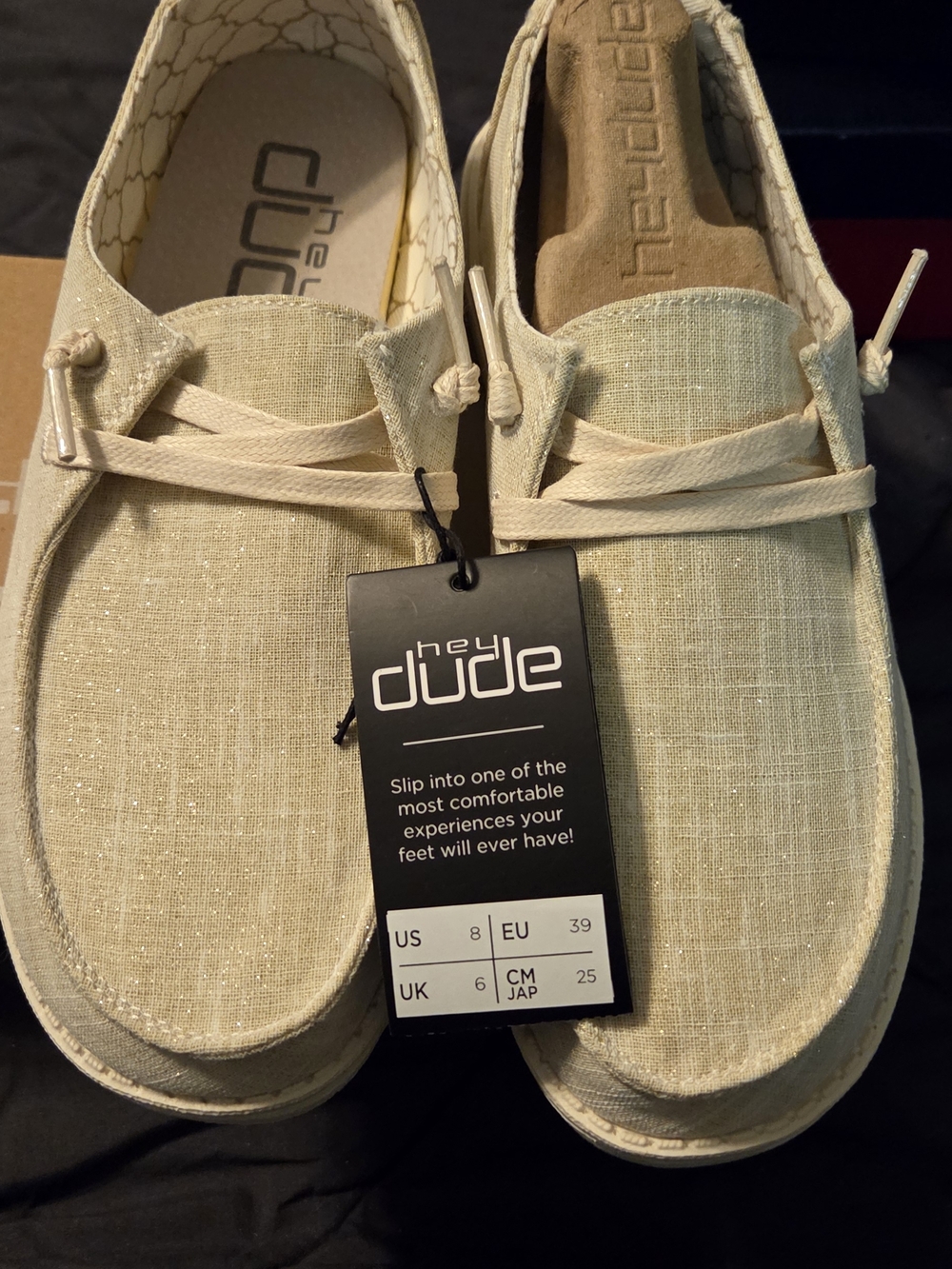 Hey Dude Womens Cream Canvas Slip-On Loafers "Wendy Sparkling Gold"